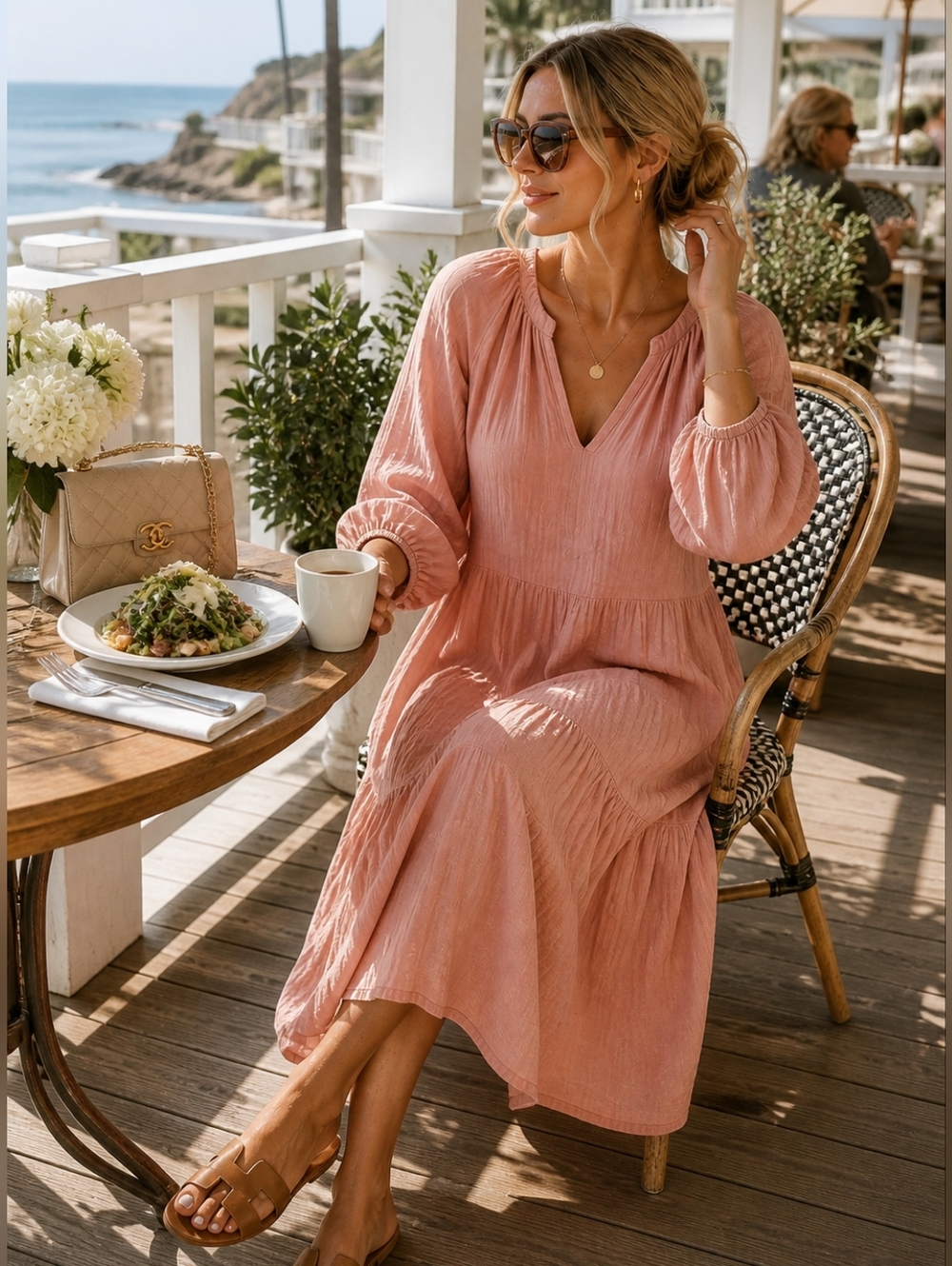 NATION LTD Gauze COTTON Tiered MIDI Peasant DRESS Blush Pink BOHO Women's Size S